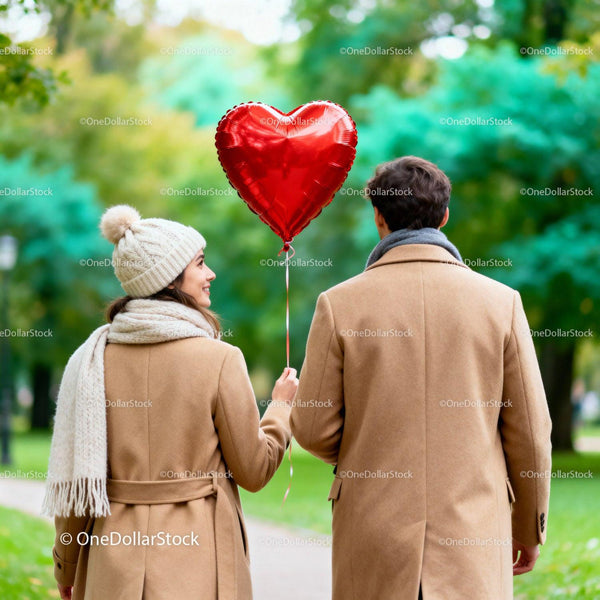 Couple walking in park holding red heart balloon