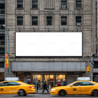 Busy urban street with large blank billboard and yellow taxis