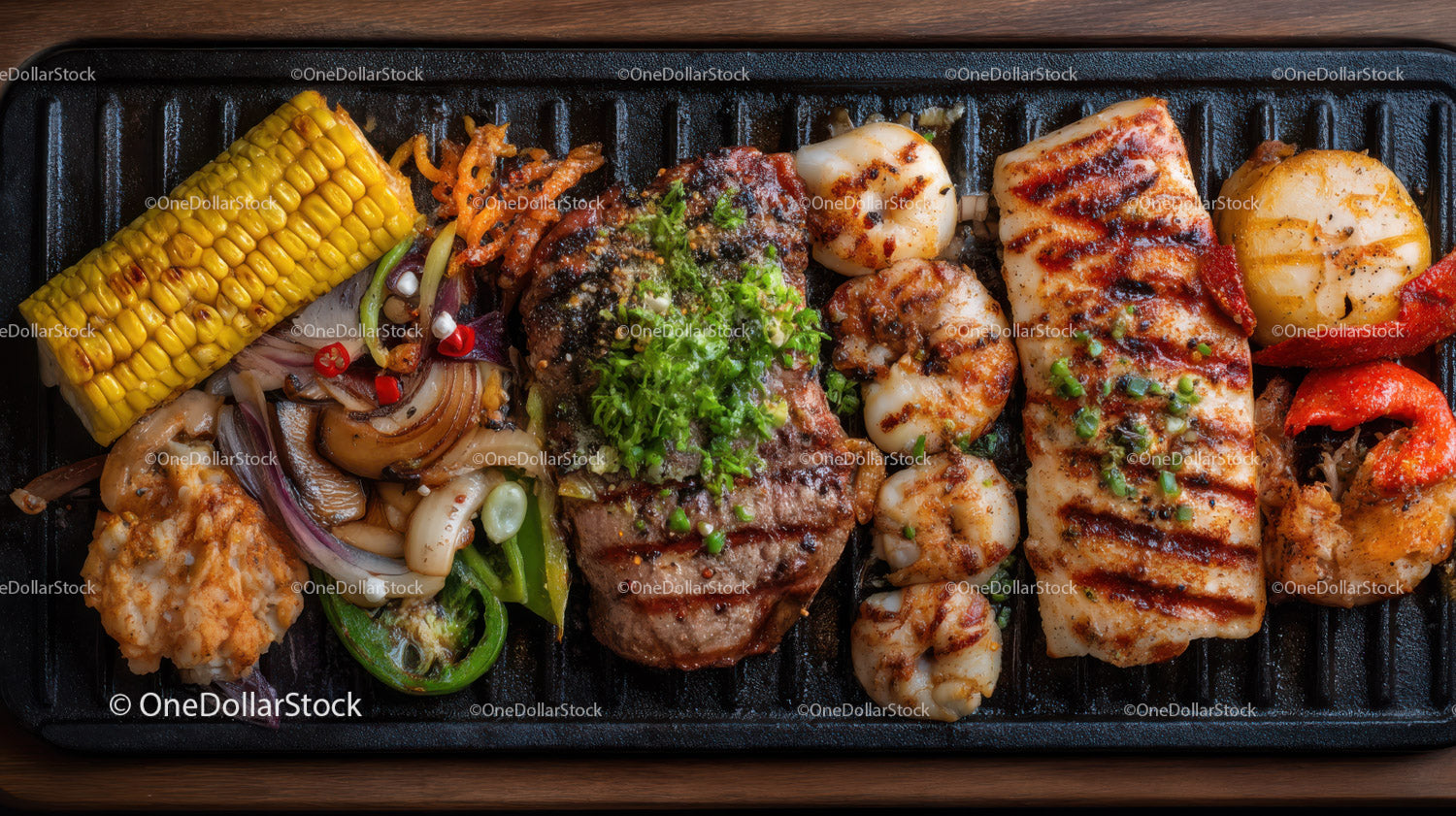 Fresh Grilled Fish and Shrimp with Corn and Vegetables