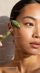 Young Woman Using Jade Face Roller for Skincare and Relaxation