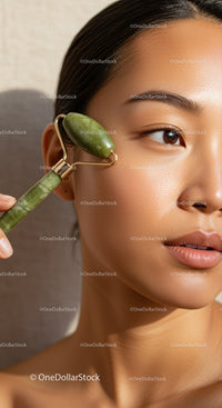Young Woman Using Jade Face Roller for Skincare and Relaxation