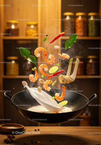 Fresh shrimp and spices tossing over creamy soup base