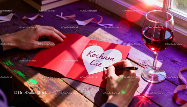 Writing a Romantic Valentine Card with Red Wine Nearby