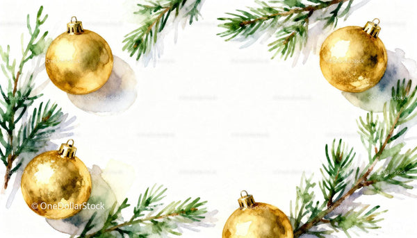 Golden Christmas Ornaments with Pine Branch Frame