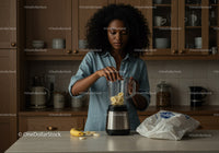 Young Woman Blending Banana Slices for Smoothie in Modern Kitchen