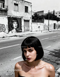 Young woman with short black hair standing on urban street