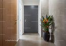 Contemporary Hallway with Grey Door and Tropical Plant
