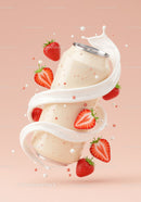 Creamy strawberry beverage can surrounded by fresh fruit