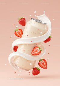 Creamy strawberry beverage can surrounded by fresh fruit