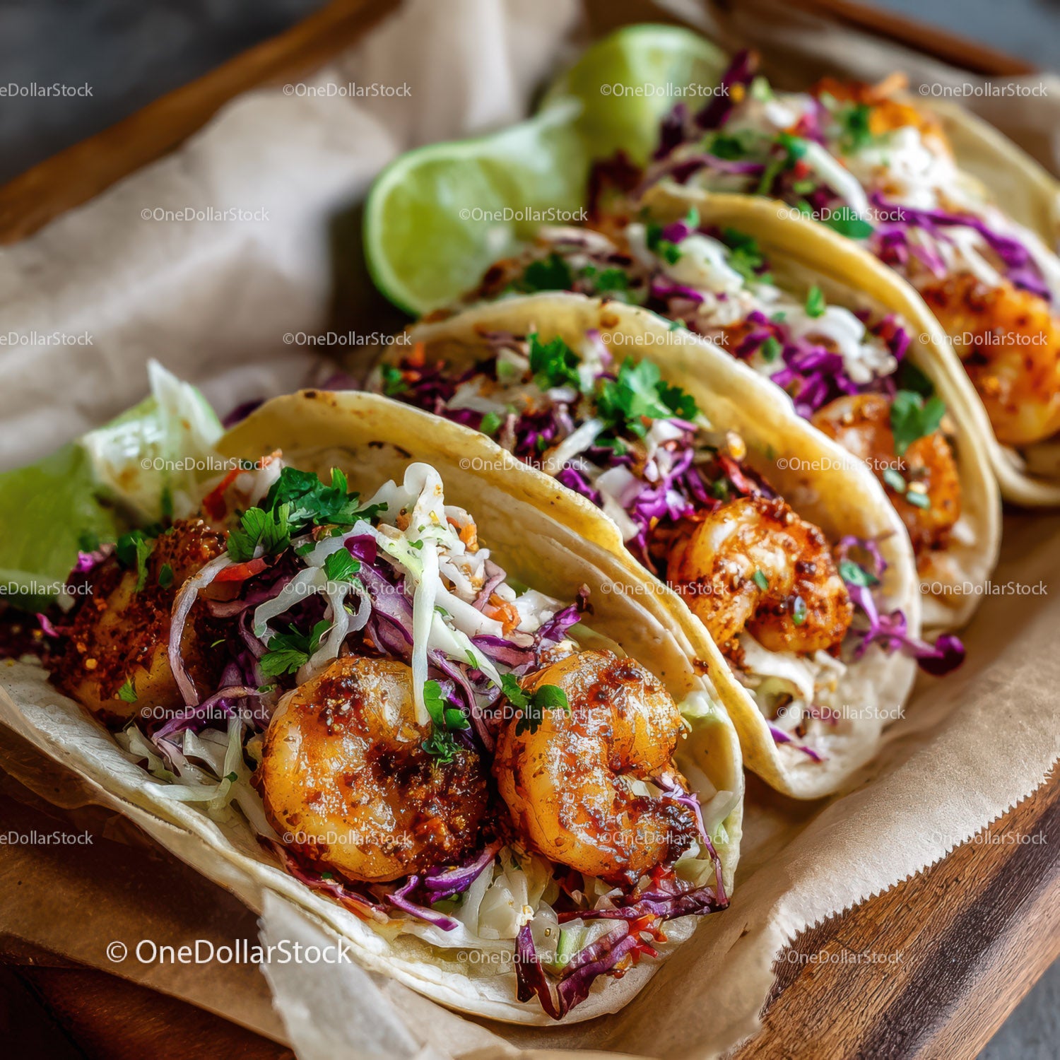 Kolorowe tacos z krewetkami, świeżymi warzywami i ćwiartkami limonki