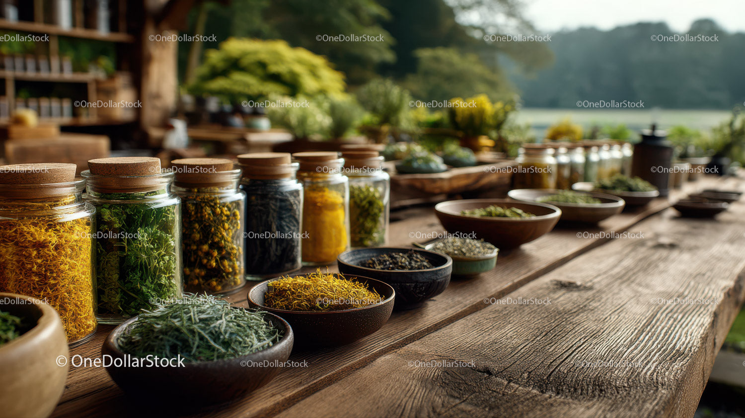 Herbal Collection of Dried Herbs in Jars on Rustic Wooden Table