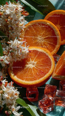 Fresh Sliced Oranges with White Flowers and Ice Cubes for Summer