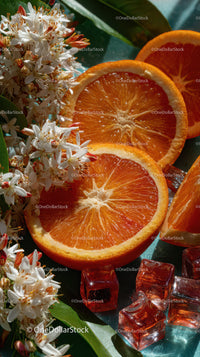 Fresh Sliced Oranges with White Flowers and Ice Cubes for Summer