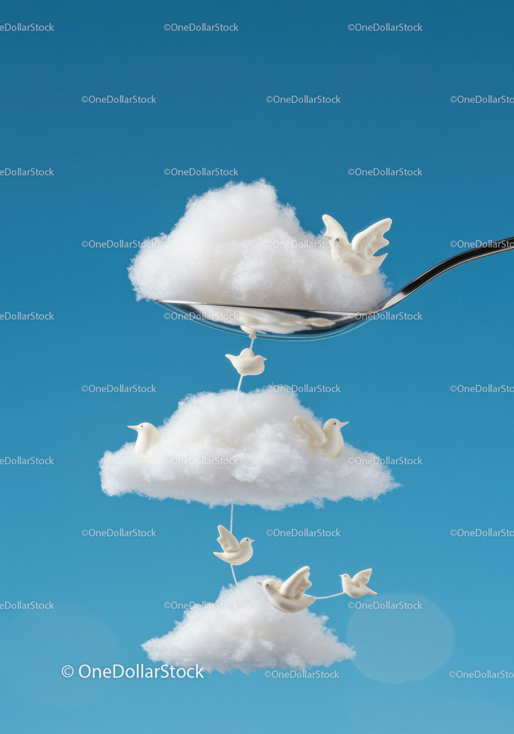 White ceramic birds flying around fluffy cloud shapes