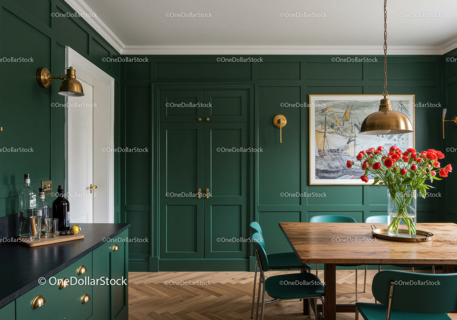 Stylish Green Wall Kitchen with Wooden Dining Table and Modern Decor
