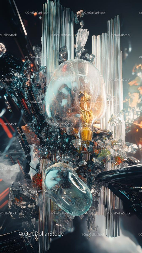 Futuristic Glass Light Bulb with Crystal Elements in Surreal Scene