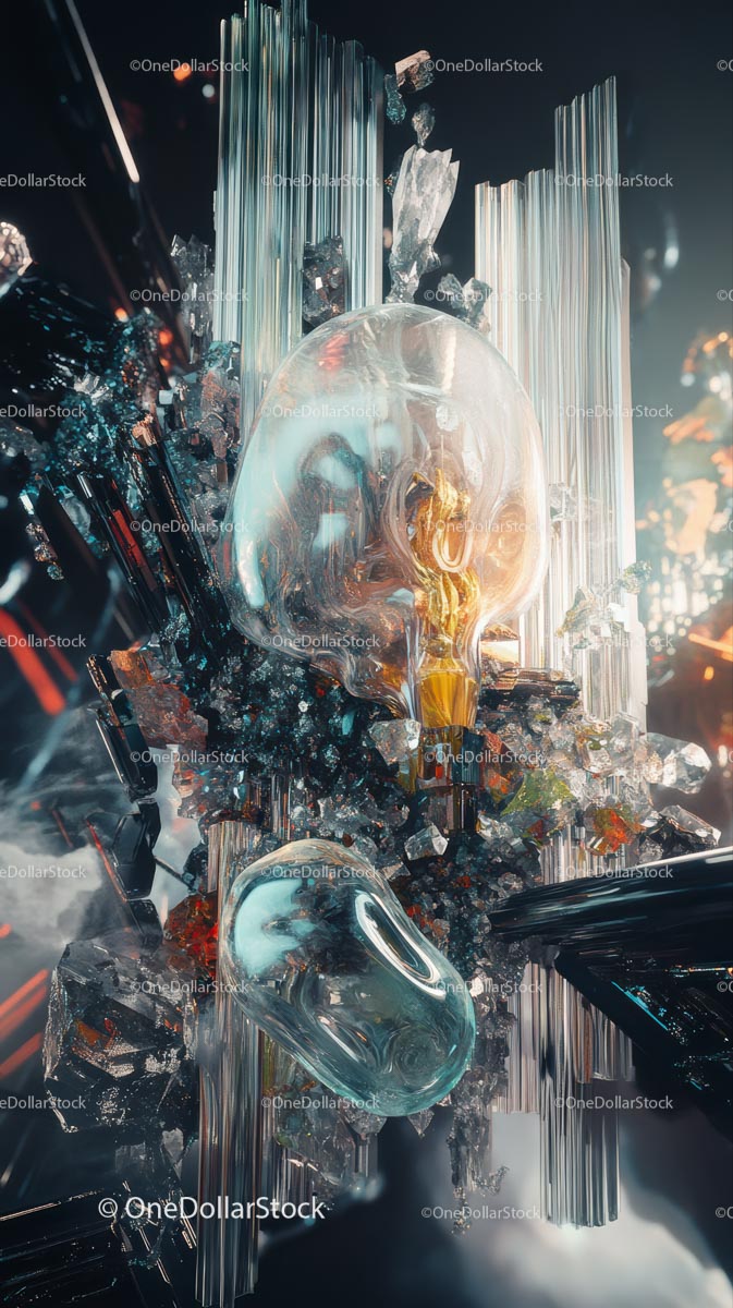 Futurystyczna szklana żarówka z elementami kryształowymi w surrealistycznej scenie