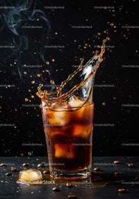 Refreshing iced coffee splash with dark background