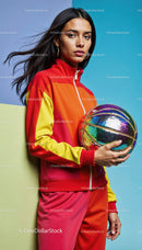 Colorful Athletic Woman Holding Holographic Basketball in Modern Style
