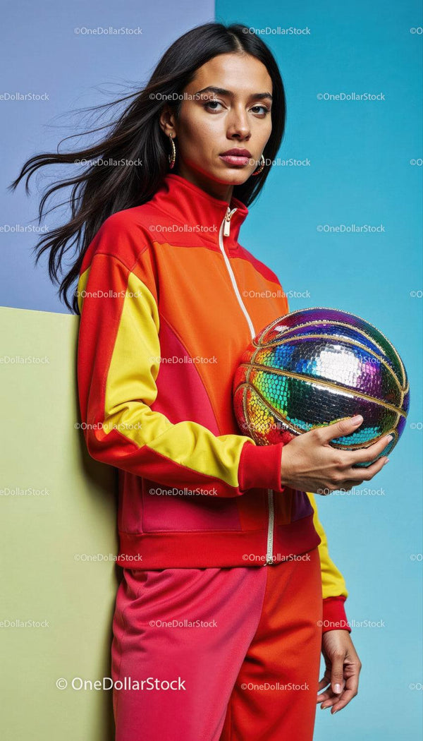 Colorful Athletic Woman Holding Holographic Basketball in Modern Style