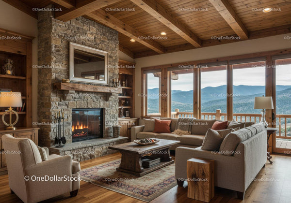 Cozy living room with stone fireplace and mountain view