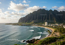Lush Mountain and Coastal Landscape with Ocean Shore and Palm Trees