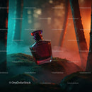 Luxury Red Perfume Bottle in Mystical Forest Scene