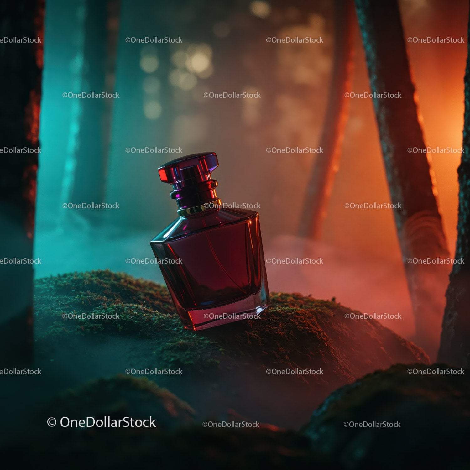 Luxury Red Perfume Bottle in Mystical Forest Scene