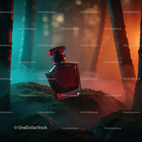 Luxury Red Perfume Bottle in Mystical Forest Scene