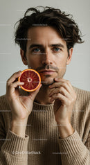 Portrait of a Young Man with Blue Eyes Holding a Blood Orange Slice