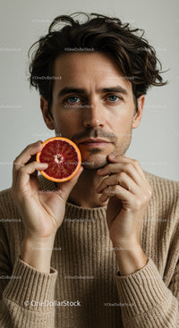 Portrait of a Young Man with Blue Eyes Holding a Blood Orange Slice