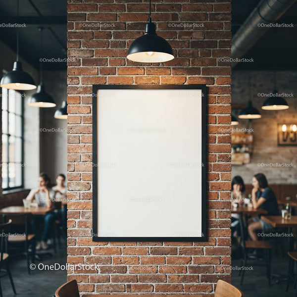 Blank poster on brick wall in cozy cafe interior JPG Mockup Image