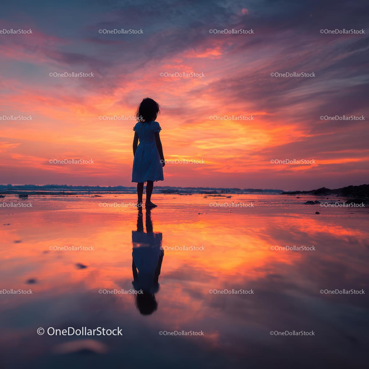 Silhouette of a Child at Sunset by the Ocean Shore