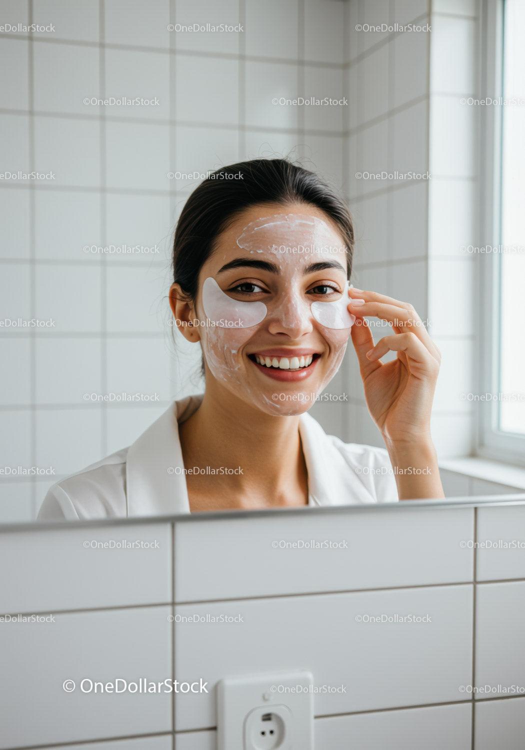 Smiling woman applying skincare patches and cream