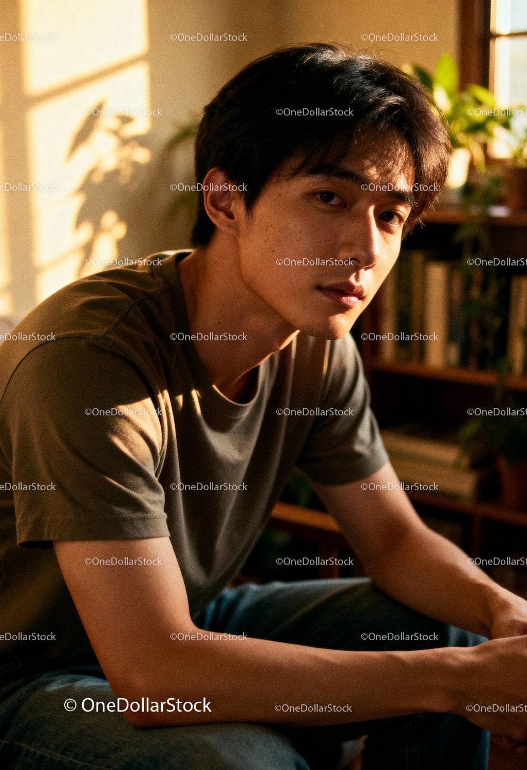 Calm young man sitting in warm sunlight at home