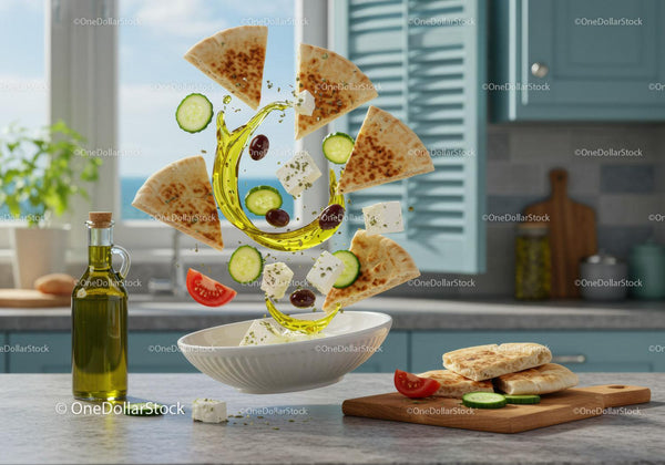 Fresh Mediterranean Ingredients Floating Over Bowl