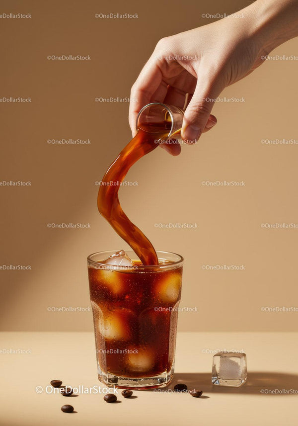 Pouring cold brew coffee over ice cubes in glass