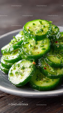Fresh Green Cucumber Slices with Seasoning on a Plate