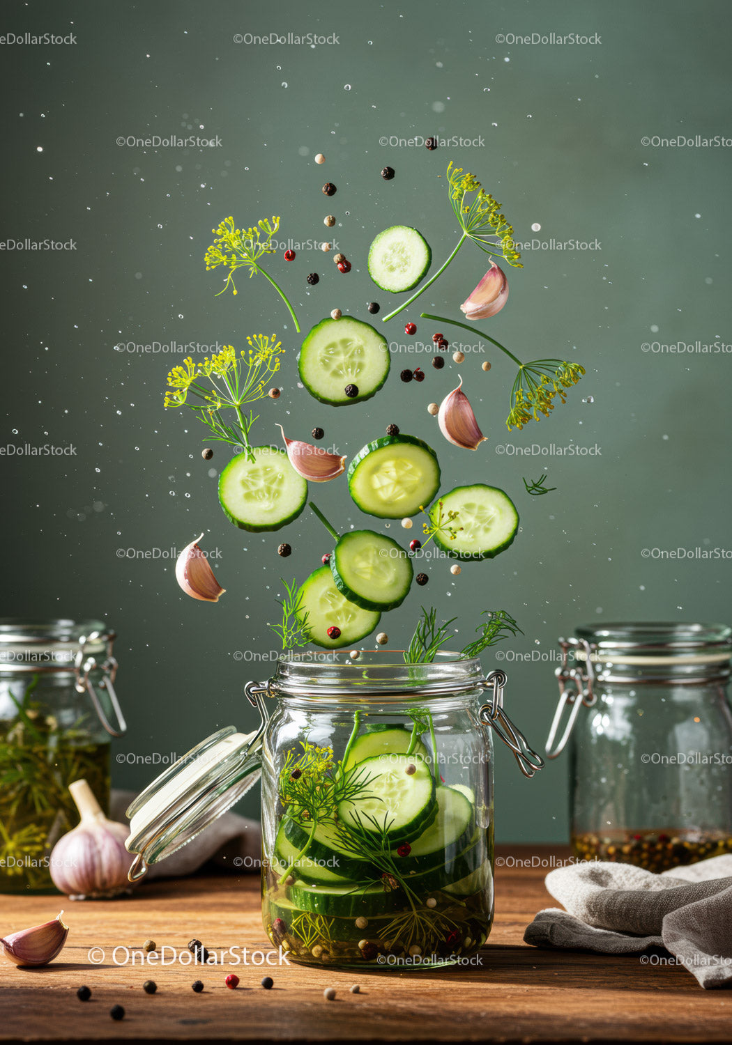 Fresh cucumber slices with herbs and spices in jar