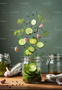 Fresh cucumber slices with herbs and spices in jar