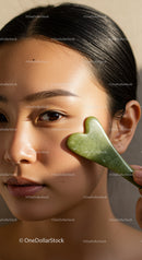 Young Asian Woman Using Jade Facial Roller for Skin Rejuvenation