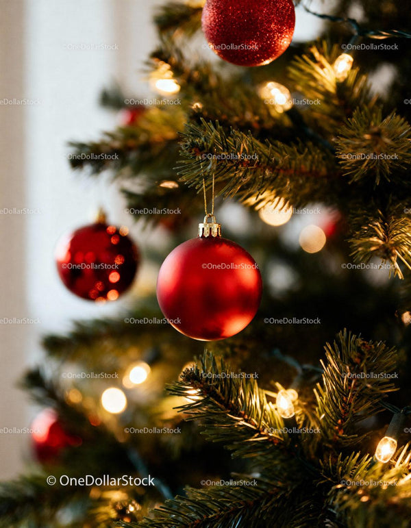 Red Christmas baubles on illuminated green pine tree