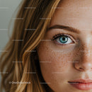 Close up of young woman with blue eyes and freckles