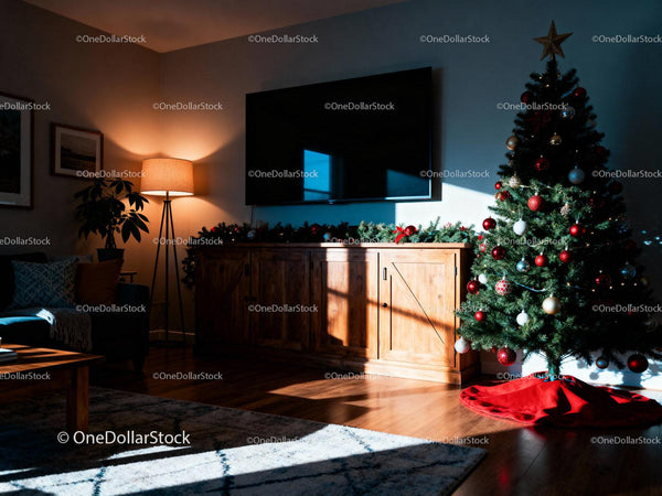 Przytulny salon z udekorowaną choinką i ciepłym światłem