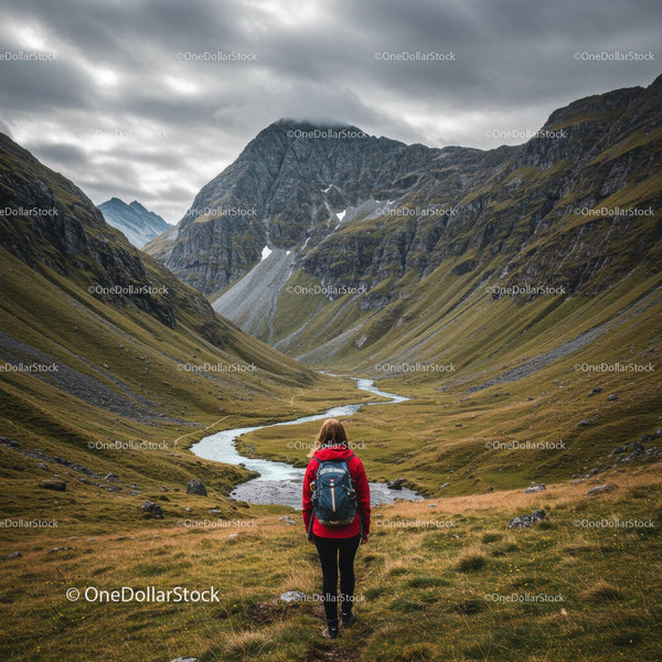 Scenic Mountain Valley with River and Hiker with Backpack
