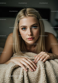 Young Woman with Blue Eyes Resting on Cozy Beige Blanket