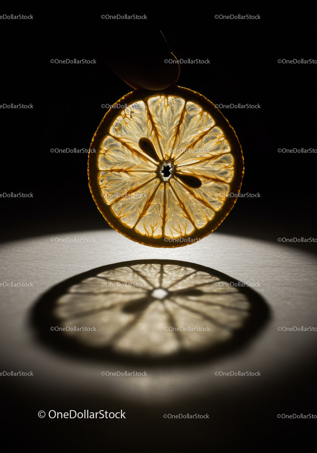 Backlit slice of lemon creating detailed shadow pattern