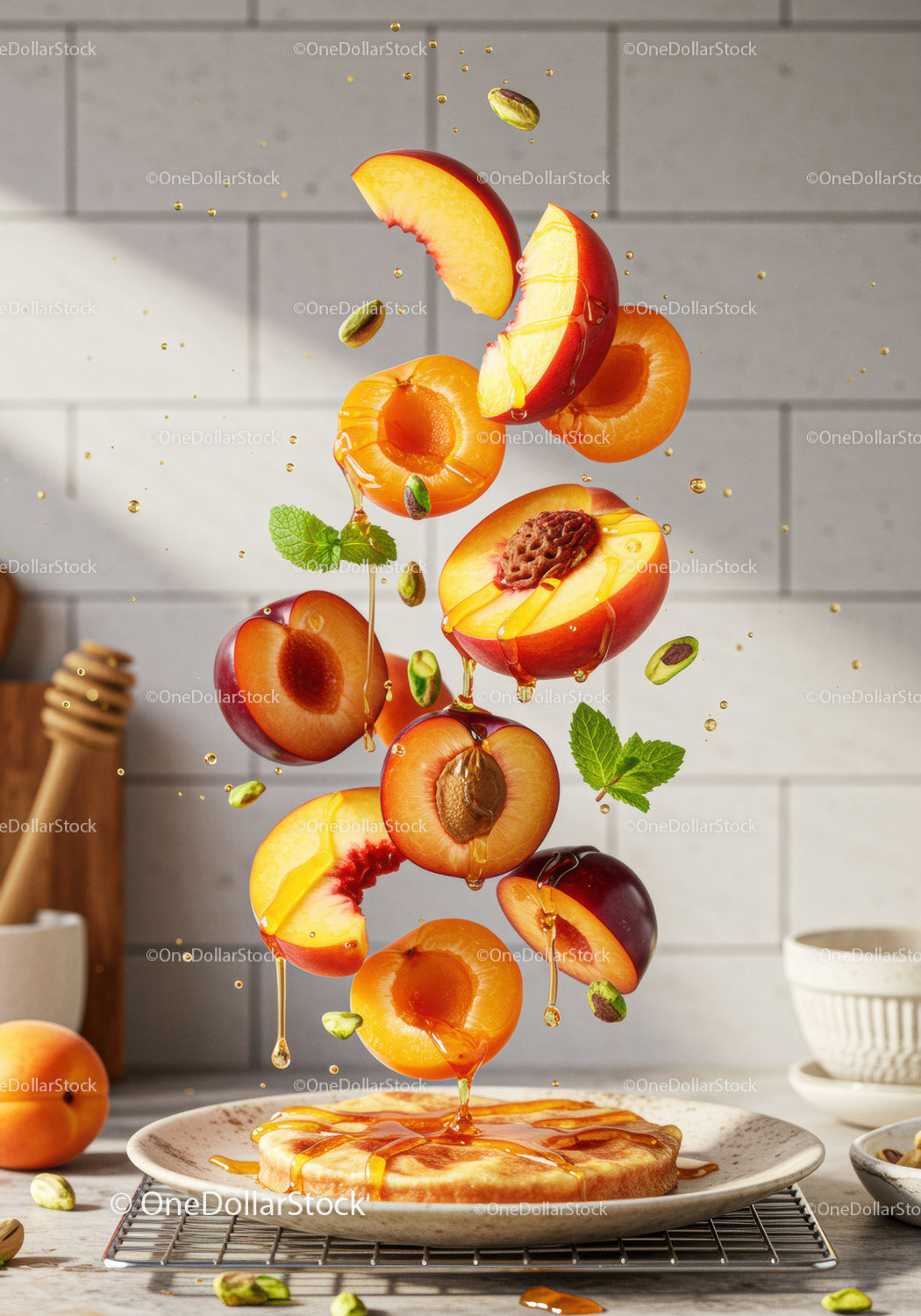 Fresh peaches and apricots drizzled with honey over pancake