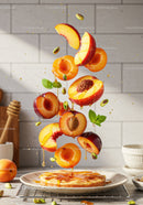 Fresh peaches and apricots drizzled with honey over pancake