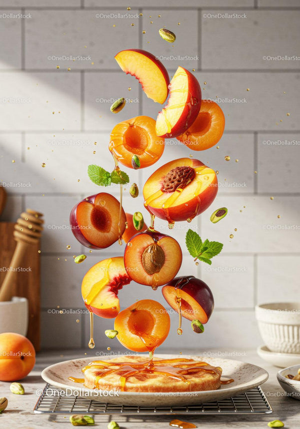 Fresh peaches and apricots drizzled with honey over pancake